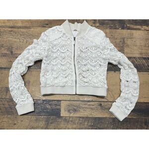 Free People Preppy Boho LACE Jacket Crochet Knit M oversized Ivory Zip